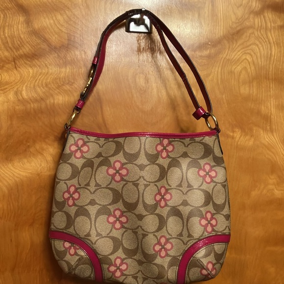 COACH. TAN AND PINK FLORAL SHOULDER BAG. HANDLES CRACKING. GOLD TRIM. CUTE! EUC - Picture 11 of 12